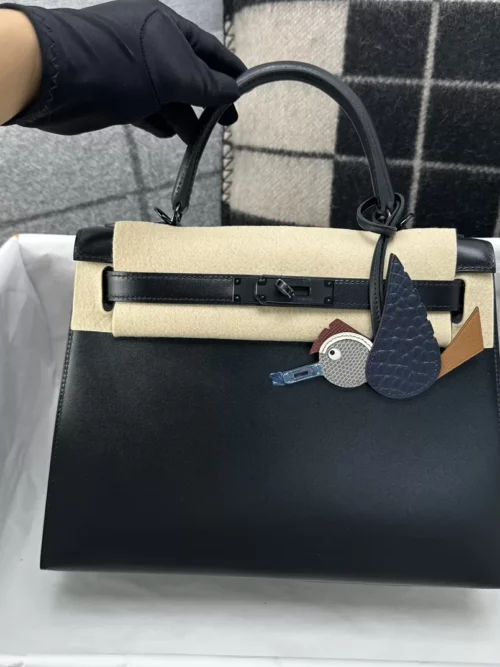 Handmade Hermes Box Leather Kelly 28CM So Black 89 Noir Black Hardware