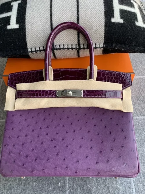 Canada Ottawa Hermes Birkin 30CM P9 Anemone Ostrich / Shiny Crocodile Silver Hardware