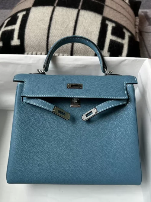 Handmade Hermes 75 Blue Jean Togo Leather Kelly 25CM Silver Hardware