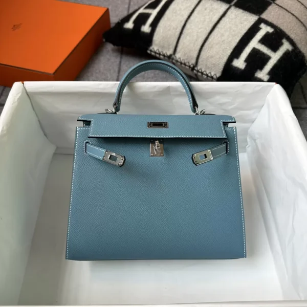 Hermes Boutique Epsom Kelly Sellier 25CM CK75 Blue Jean Silver Hardware