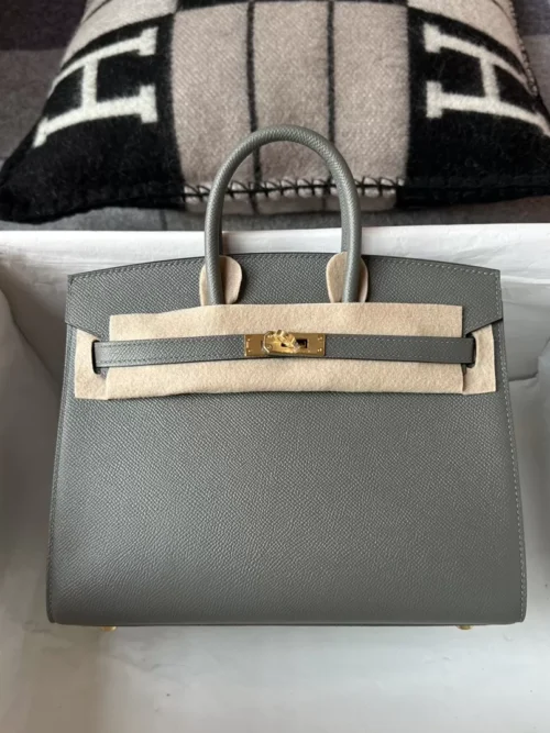 Handmade Hermes 0L Gris Meyer Birkin Sellier 25CM Epsom Leather Gold Hardware