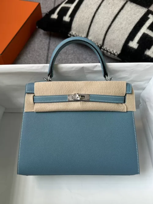 Hermes Boutique Epsom Kelly Sellier 25CM CK75 Blue Jean Silver Hardware