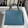Handmade Hermes 75 Blue Jean Togo Leather Kelly 25CM Silver Hardware