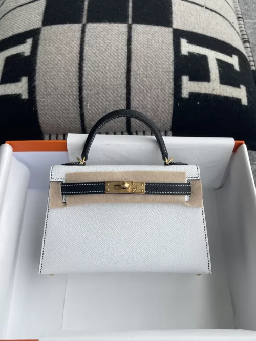 Hermes White & Black Epsom Mini Kelly 19CM Brush Gold Hardware
