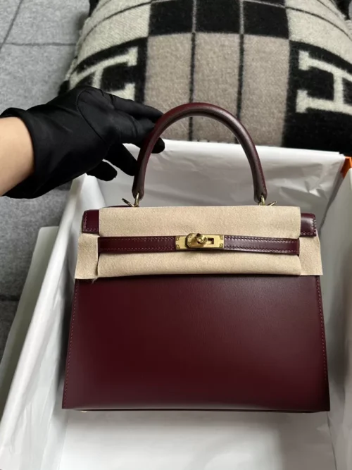 USA New York Hermes Box Leather Kelly Sellier 25CM 57 Bordeaux Gold Hardware