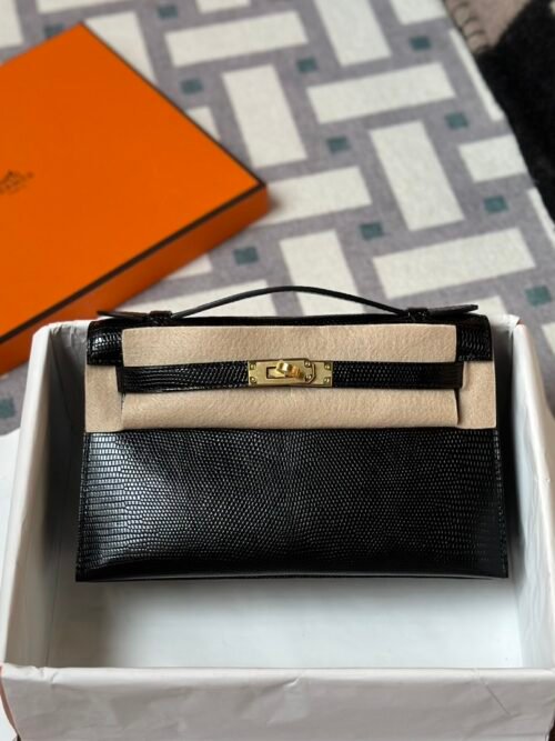 UAE Dubai Hermes Lizard Leather Kelly Pochette 22CM 89 Noir Gold Hardware