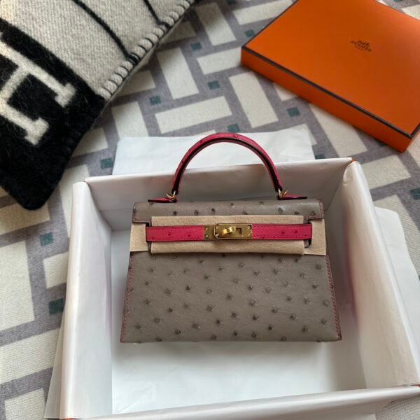 Special Order Hermes Ostrich Mini Kelly 19CM Gris Asphalt / Rose Tyrien Gold Hardware
