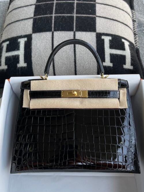 Hermes Bag Price Shiny Niloticus Crocodile Kelly Sellier 28CM 89 Noir Gold Hardware