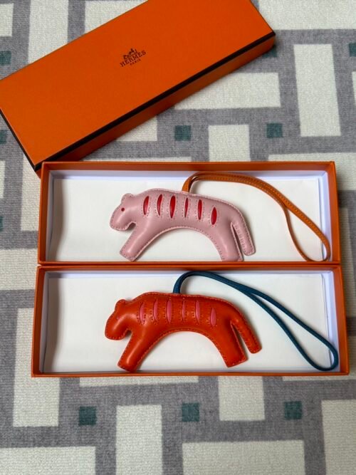 Hermes Tiger Bag Charms Milo Lambskin 3Q Rose Sakura & Q5 Rouge Casaque