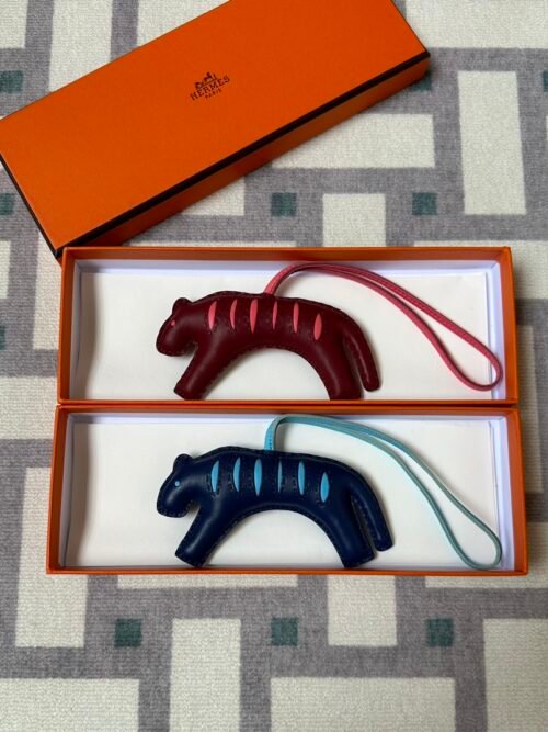 Hermes Tiger Bag Charm Lambskin Rouge H/Rouge Casaque & Deep Blue/Blue De Nord