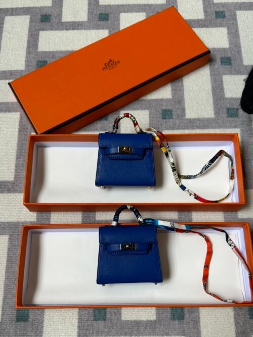 Hermes Kelly Twilly Bag Charms Tadelakt Leather S4 Deep Blue Silver/Gold Hardware