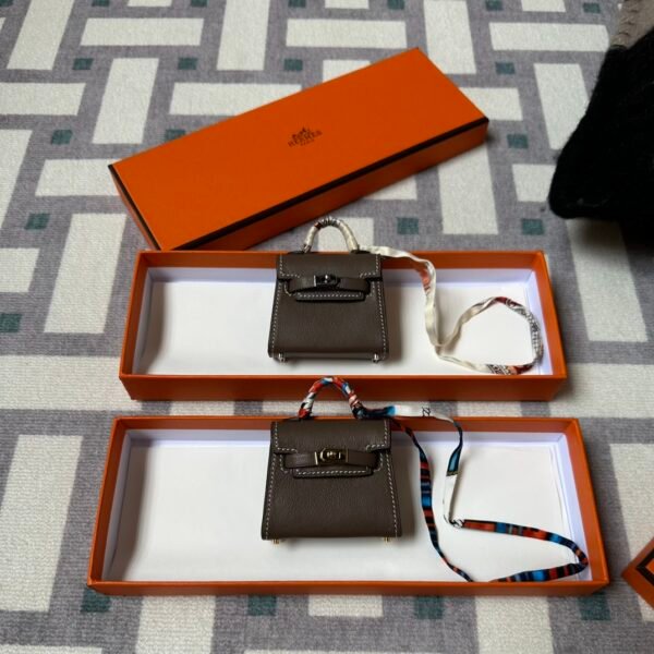 Hermes Kelly Twilly Bag Charm Tadelakt Leather Dark Coffee Silver/Gold Hardware