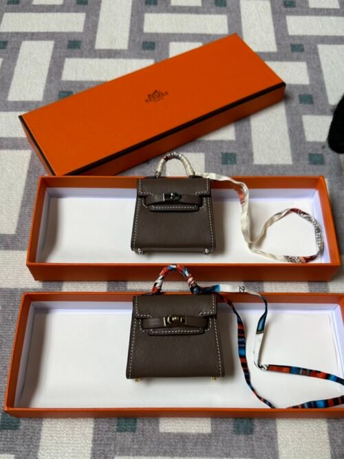 Hermes Kelly Twilly Bag Charm Tadelakt Leather Dark Coffee Silver/Gold Hardware