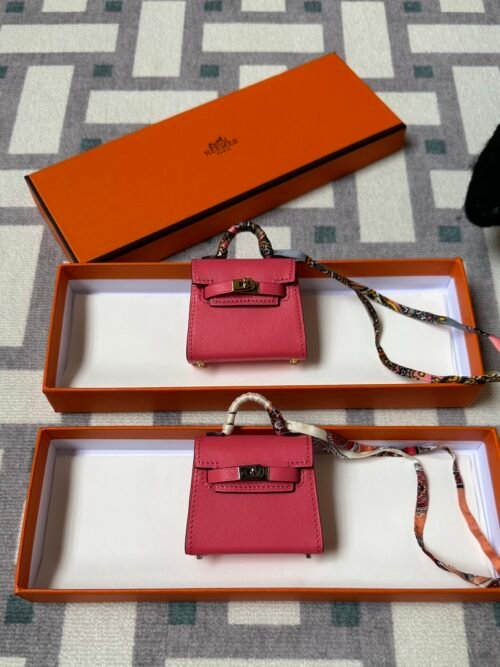 Hermes Kelly Twilly Bag Charms Tadelakt Leather U5 Rose Lipstick Silver/Gold Hardware