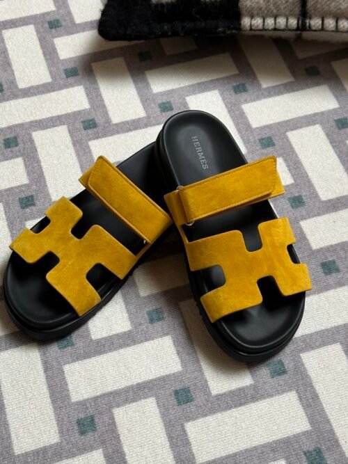 Hermes Shoes Images Chypre Sandals Sippers Jaune Amber & Noir