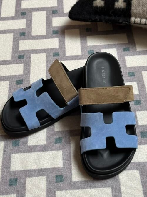 Hermes Shoes Images Chypre Sandals Suede Leather 2T Blue Paradise/ 18 Etoupe/ 89 Noir