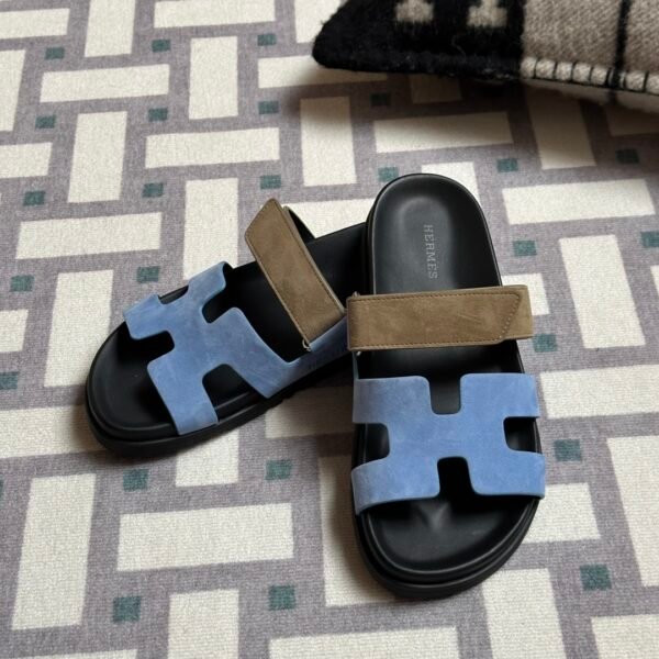 wsxc1716312868104_0 Hermes Shoes Images Chypre Sandals Suede Leather 2T Blue Paradise/ 18 Etoupe/ 89 Noir