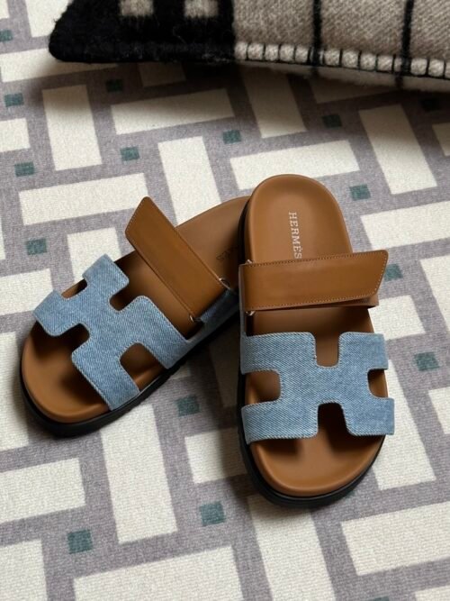 UAE Dubai Hermes Shoes Chypre Sandals Slippers Blue Jean & Gold Size34-41
