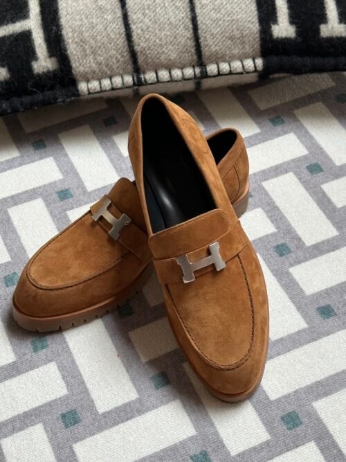 Thailand Hermes Faubourg Loafer Shoes 37 Gold Suede Leather Size34-41