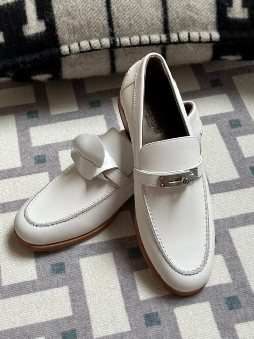 Hermes Destin Moccasins Calf Leather Loafer Shoes in White Silver Hardware