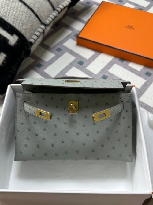Kuwait Hermes KK Ostrich Kelly Pochette 22CM CK80 Gris Pearl Gold Hardware