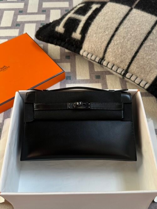 Hermes Kelly Pochette 22CM So Black Box Leather 89 Noir Black Hardware