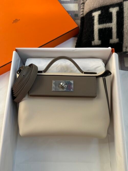Hermes Kelly 2424 Mini Evercolor Craie / Swift Gris Asphalt Silver Hardware