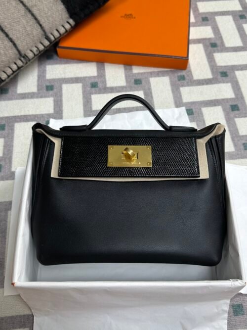 Hermes Kelly 2424 Mini Touch Lizard / Swift 89 Noir Gold Hardware
