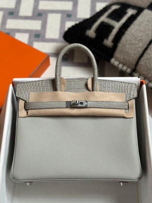 Hong Kong Hermes Birkin Touch 25CM Togo / Matte Crocodile 80 Gris Pearl Silver Hardware