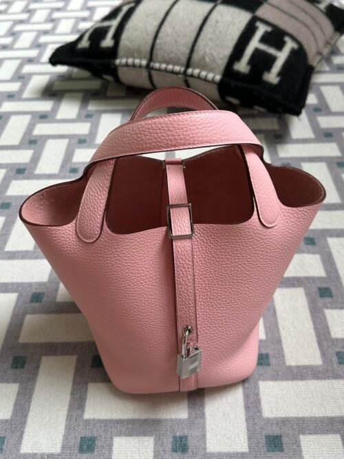 Hermes Picotin 18CM Clemence Leather 3Q Rose Sakura Silver Hardware