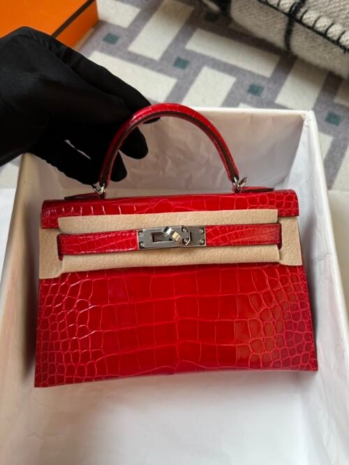Full Handmade Hermes Mini Kelly 19CM Shiny Alligator Crocodile CK95 Braise Silver Hardware