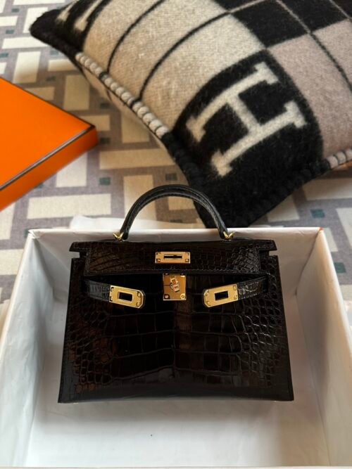 Hermes Bag Images 89 Noir Shiny Alligator Crocodile Mini Kelly 19CM Gold Hardware