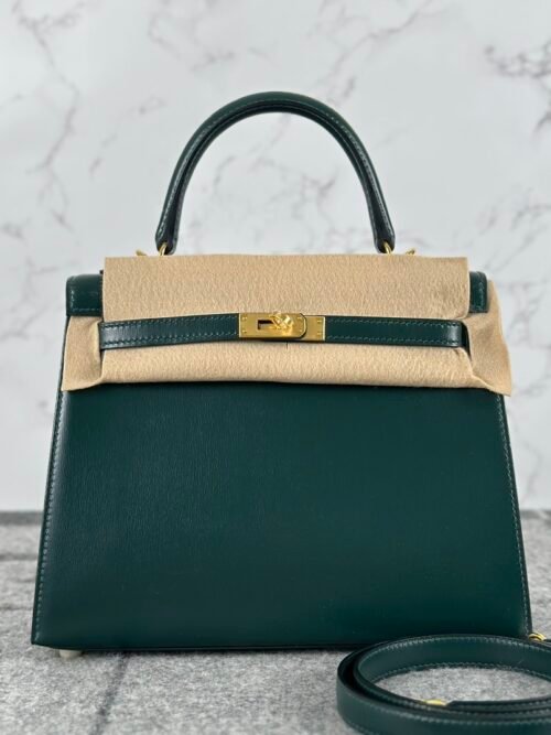 Full Handmade Hermes Kelly 25CM Sellier Box Leather CC67 Vert Fonce Gold Hardware