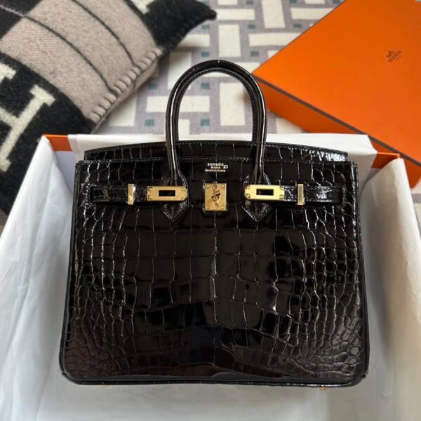 Hong Kong Hermes Shiny Niloticus Crocodile Birkin 25CM 89 Noir Gold Hardware
