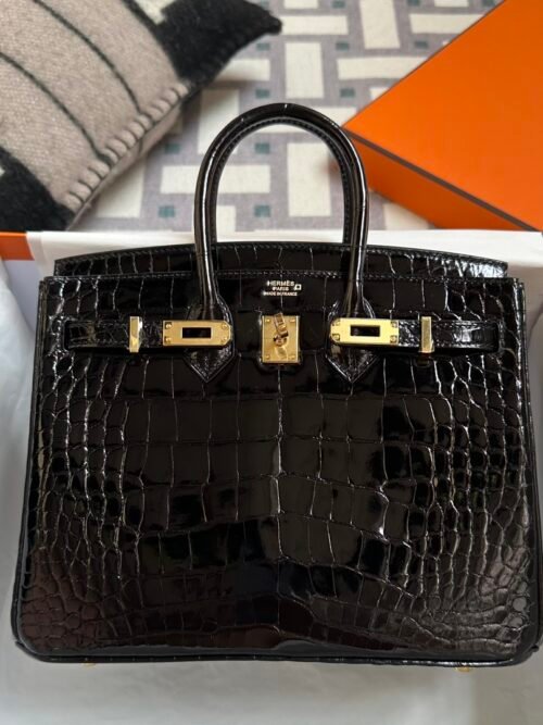 Hong Kong Hermes Shiny Niloticus Crocodile Birkin 25CM 89 Noir Gold Hardware
