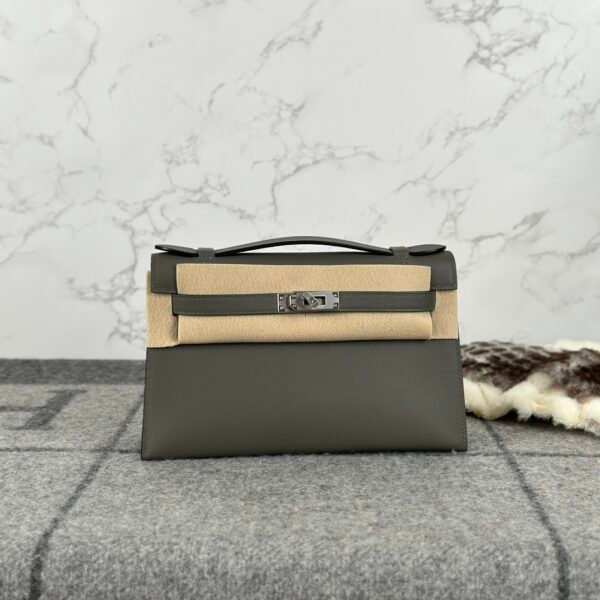 Full Handmade Hermes Swift Leather Kelly Pochette 22cm 0L Gris Meyer Silver Hardware