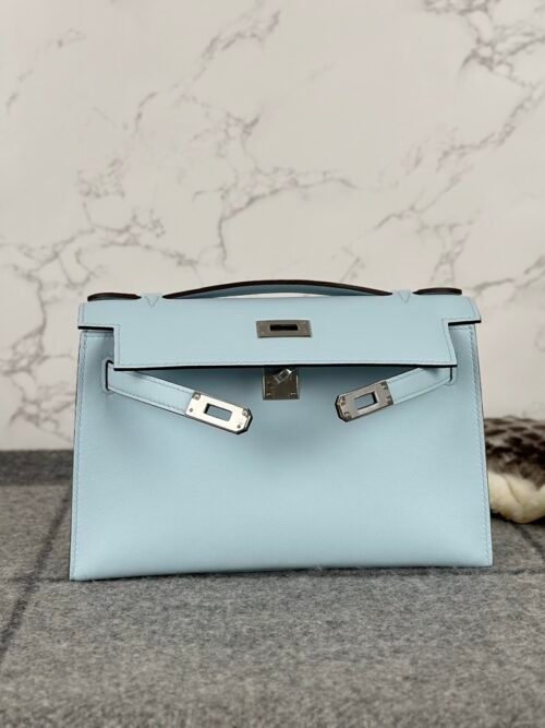 Hermes Bag Price Kelly Pochette 22cm T0 Blue Brume Swift Leather Silver Hardware