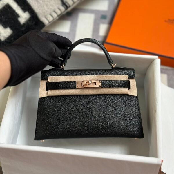 wsxc1722010071855_0-1 Hermes Mini Kelly 19CM CD89 Noir Chevre Leather Rose Gold Hardware