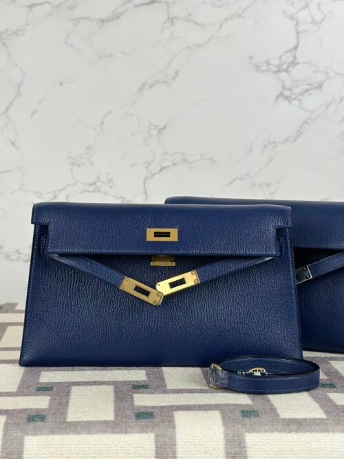 UAE Dubai Hermes Kelly Elan 27CM Chevre Leather CC73 Blue Saphir Gold Hardware