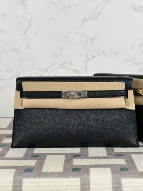 Russia Moscow Hermes CK89 Noir Kelly Elan 27CM Chevre Leather Silver Hardware