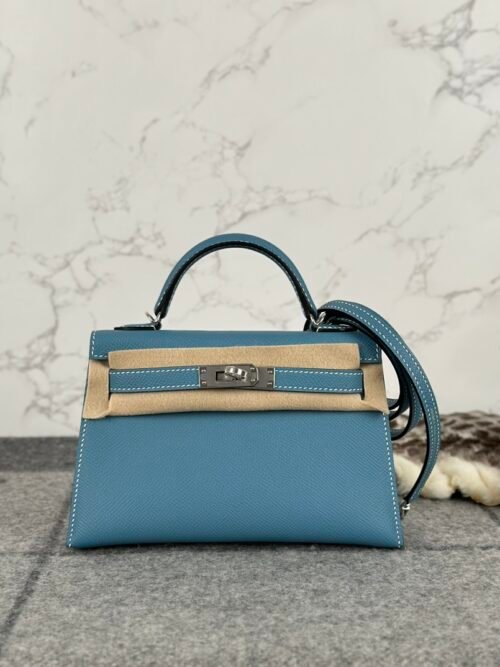 UAE Dubai Hermes Epsom Leather Mini Kelly 19CM CK75 Blue Jean Silver Hardware