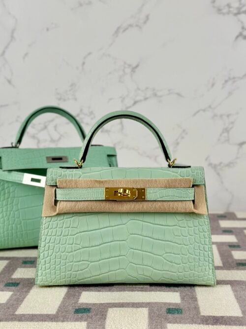Hermes Mini Kelly 19CM Matte Alligator Crocodile 6U Vert D’eau Gold Hardware