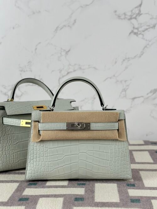 USA Washington Hermes Mini Kelly 19CM Matte Alligator Crocodile 0W Gris Neve Silver Hardware