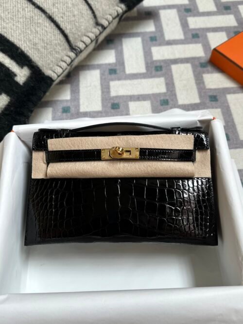 Hermes Bag Images Kelly Pochette 22CM Shiny Alligator Crocodile CC89 Noir Gold Hardware