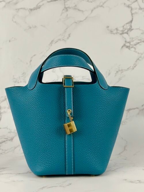 Taiwan Hermes Picotin 18CM Clemence Leather CC75 Blue Jean Gold Hardware