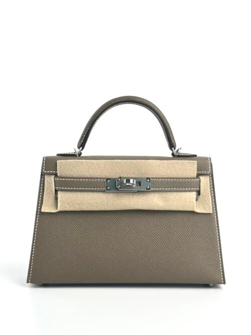 Hermes Bag Images Epsom Leather Mini Kelly 19CM CK18 Etoupe Silver Hardware