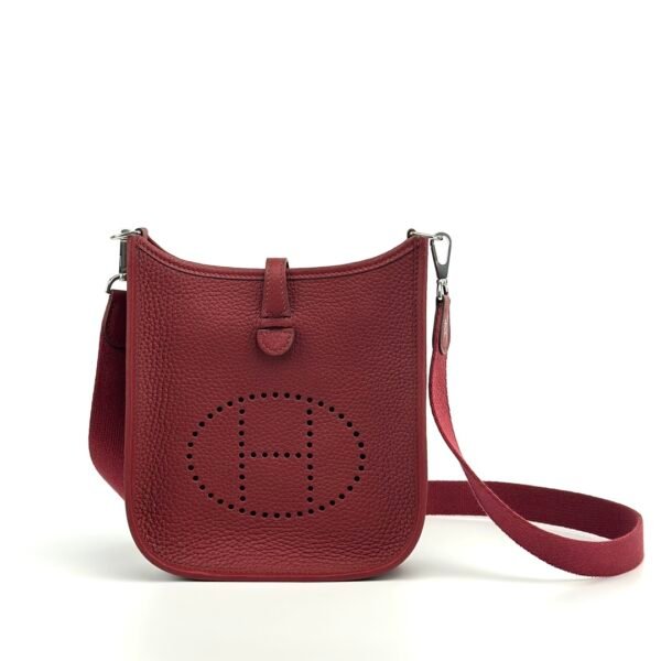 Full Handmade Hermes Mini Evelyne 18CM Clemence Leather CK55 Rouge H Silver Hardware