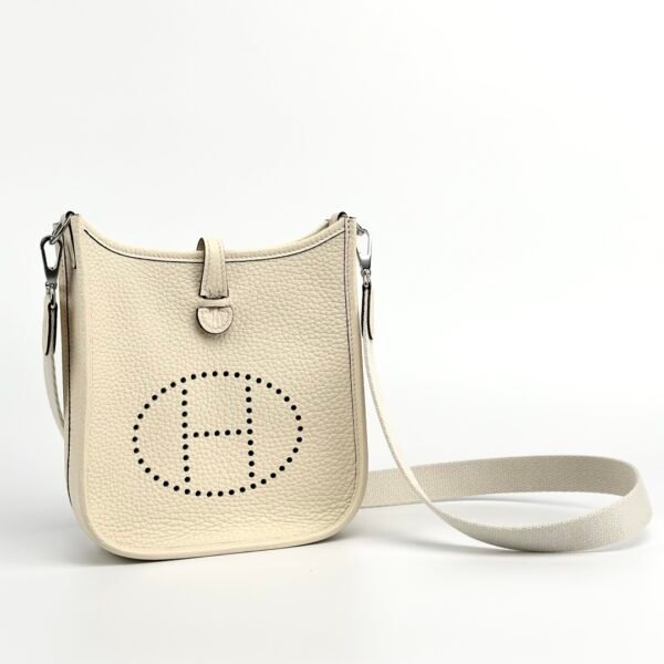 Hermes Bag Images Mini Evelyne 18CM Clemence Leather I2 Nata Silver Hardware