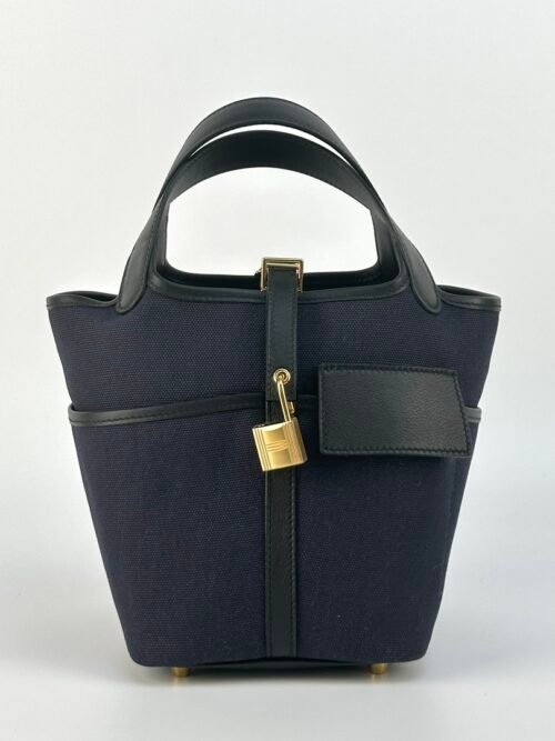 UK London Hermes Picotin Cargo 18CM 76 Blue Marine Canvas & Swift Gold Hardware