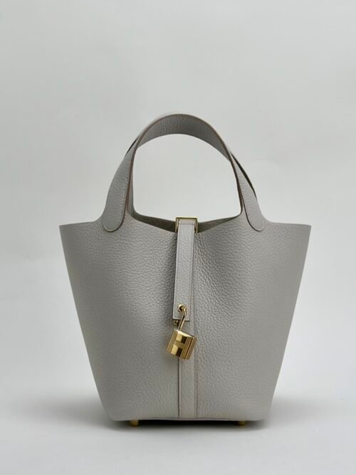 Hermes Bag Images Clemence Leather Picotin 18CM CC80 Gris Pearl Gold Hardware